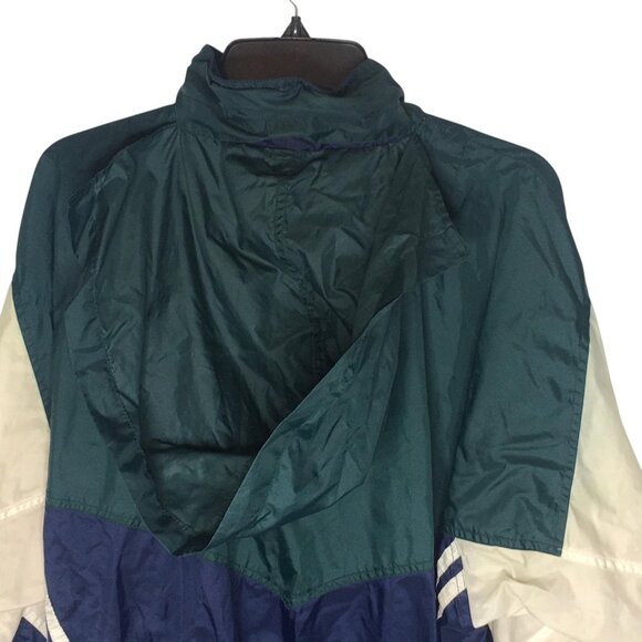 Bike Athletic Jacket Mens Large Green Navy Colorblock Windbreaker Stowaway Hood - Picture 12 of 15